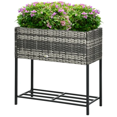 Outsunny Rattan Raised Garden Boxes, Elevated Flower Beds with Storage Shelf for Herbs, Flowers, Vegetables, Mixed Grey