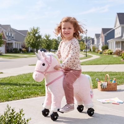 Qaba Unicorn Ride on Toy for Girls 2-5 Years, Ride On Unicorn with Wheels and Sounds for Active Play, Birthday Gift, Pink