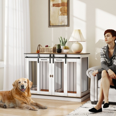 PawHut 47in Dog Crate Furniture with Divider Panel, Wooden Dog Kennel TV Stand for Large Breeds, Pet House Side Table for 2 Small Breeds with 2 Rooms Design, 2 Sliding Doors, White