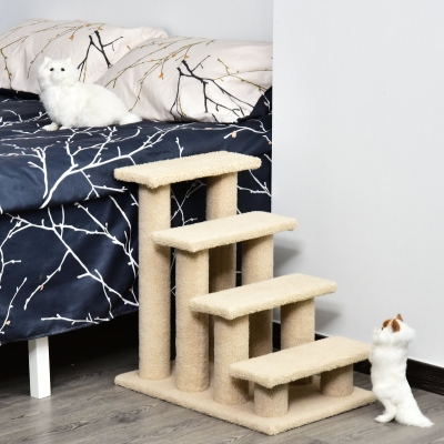 PawHut 23.5" 4 Tier Pet Stairs Dog Cat Step Scratch Post Furniture, Cream White