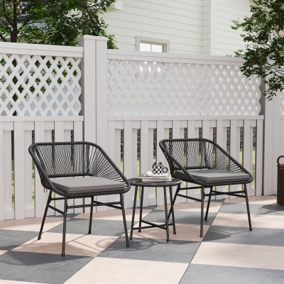 Outsunny 3 Piece Bistro Set, Wicker Outdoor Patio Furniture Set with Glass Top Table, Cushions for Balcony, Porch, Black