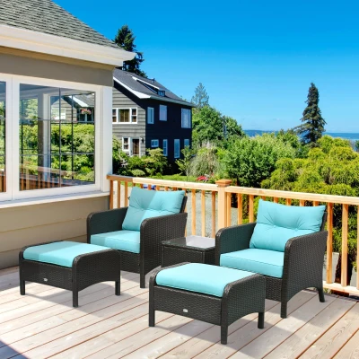Outsunny 5-Piece Rattan Lounge Chair Set, Outdoor Patio, Brown/Blue