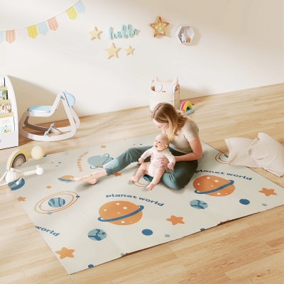Qaba Foldable Baby Plat Mat, 77" x 69" Kids Floor Mat for Crawling and Learning, Astronaut & Planet Theme