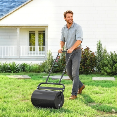 Outsunny Heavy Duty Lawn Roller, 20" Push/Tow Behind Sod Roller, Grass Flattener Filled with 11gal Water/136lbs Sand, Black