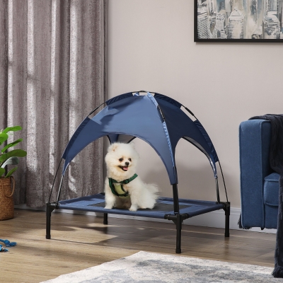 PawHut Elevated Cooling Pet Bed Portable Raised Dog Cot with Canopy for Medium Sized Dogs, Dark Blue