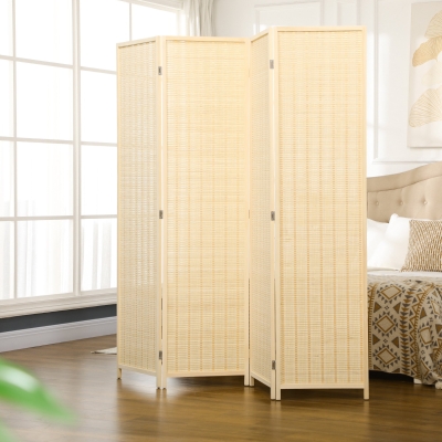 HOMCOM Woven Bamboo Room Divider, 4 Panel Folding Indoor Privacy Screens for Home Office, 71"x71"x0.6", Natural