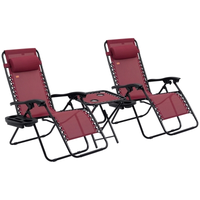 Outsunny Zero Gravity Chair Set with Table, Adjustable Lounge, Wine Red