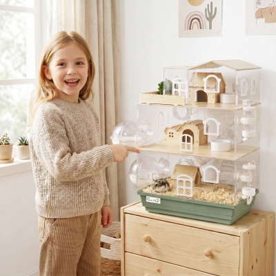 PawHut Large Hamster Cage, 3 Tiers Acrylic Hamster Habitat with Water Bottles, Running Wheel for Pet Mice, Dwarf Hamster