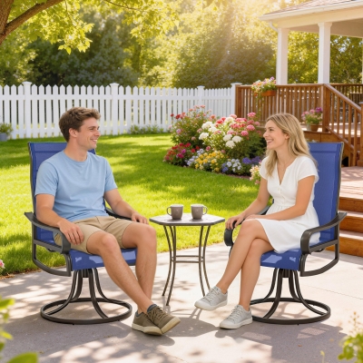 Outsunny Patio Dining Chairs Set of 2, 360° Swivel Rocking Outdoor Chairs with Armrests, Breathable Mesh, Navy Blue