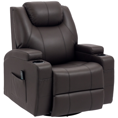 HOMCOM Massage Recliner Chair, Swivel Nursery Rocker Chair, Manual Reclining Sofa with 8 Vibration Points, PU Leather, Cup Holders, Side Pockets, for Living Room, Brown