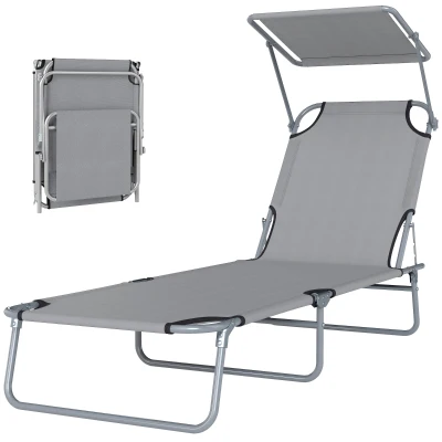 Outsunny Outdoor Lounge Chair, Adjustable Folding Chaise Lounge, Tanning Chair with Sun Shade for Beach, Camping, Hiking, Backyard, Light Grey