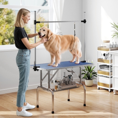 PawHut Adjustable Dog Grooming Table with 2 Safety Slings, Storage Basket, Blue