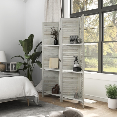 HOMCOM 4-Panel Wall Partition Room Separator with 3 Storage Shelves Foldable Design Wooden Frame 5.6FT Distressed White