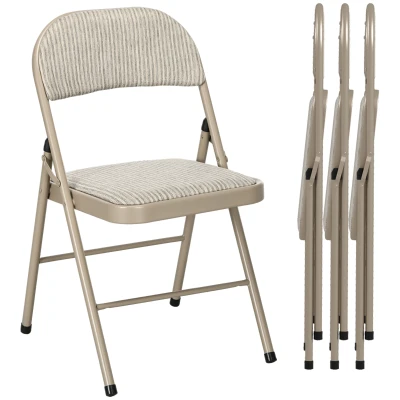 HOMCOM Set of 4 Metal Foldable Chairs, Linen Fabric Padded Folding Chairs with Cushion Seat and Open Back for Indoor, Beige