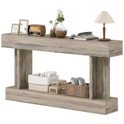 HOMCOM 63 Inch Long Console Table, Vintage Narrow Entryway Table with Storage Shelf for Living Room and Hallway, Light Brown