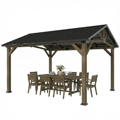 Outsunny 13' x 11' Hardtop Gazebo Canopy with Galvanised Metal Roof, Fir Wood Frame and Central Hook for Patio, Black Grey