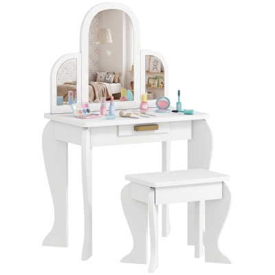 Qaba Kids Dressing Table and Chair Set, Girls Dressing Set, Makeup Desk with Drawer for 3-6 Years Old Kids, White