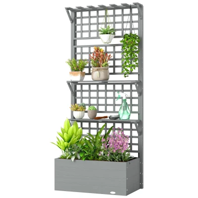 Outsunny Wooden Raised Garden Bed with Trellis and Roof, Elevated Planter Box with 2 Shelves, Drainage Hole and Liner, Grey