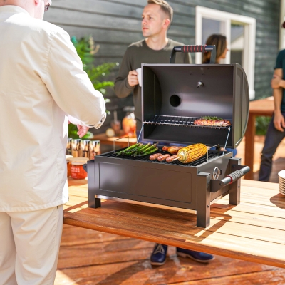 Outsunny Tabletop Charcoal Smoker, Portable BBQ with Ash Catcher and Thermometer for Backyard, Camping, Picnic, Black