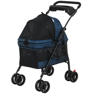 PawHut Foldable Pet Stroller for Small Dogs and Cats with 4 Wheels, Mesh Windows, Brake, Removable Pad, Storage Tray, Dark Blue