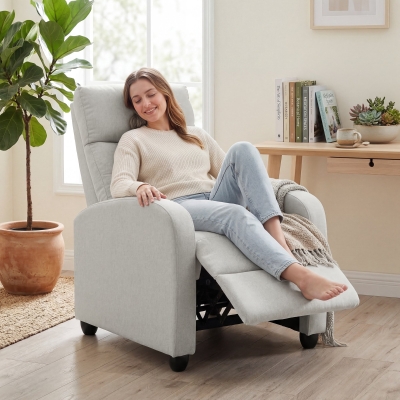 HOMCOM Fabric Recliner Chair Manual Home Theater Seating Single Reclining Sofa Chair with Padded Seat, Cream White