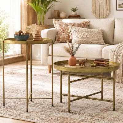 HOMCOM Round Coffee Table Set, Hammered Tray Top, Metal, Gold