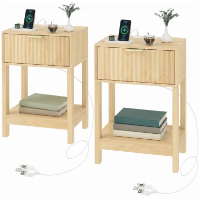 HOMCOM Modern Nightstand Set of 2, Slim Bedside Table with Drawer, Open Shelf and Built-in Charging for Bedroom, Oak
