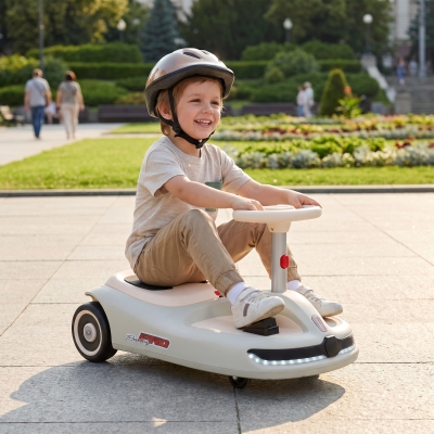 Qaba 12V Electric Wiggle Car with Convertible Steering Wheel Pull Handle, 2 Speed, Music, Lights for 3-5 Years, White