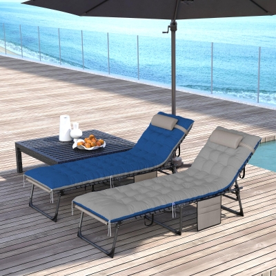 Outsunny Outdoor Lounge Chair Set of 2, Folding Chaise Lounge Tanning Chair with Cushion, Side Pocket, Brown/Blue