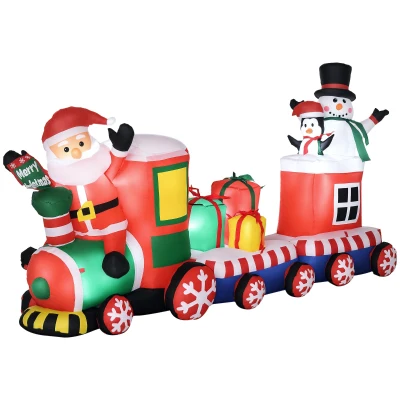 Outsunny 8ft Inflatable Christmas Train with Santa Claus, Snowman, Penguin and Gift Boxes, Blow-Up Outdoor LED Yard Display for Lawn Garden Party