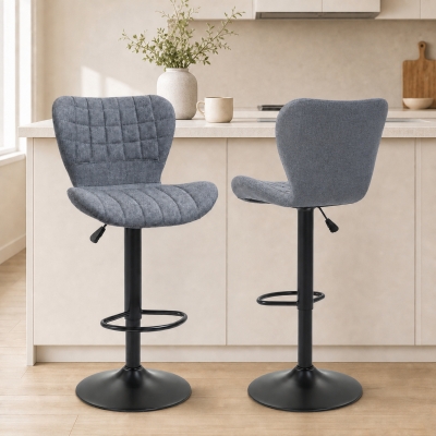 HOMCOM Bar Stools Set of 2, Adjustable Height Swivel Bar Chairs, Linen-feel Fabric Upholstered Kitchen Counter Stools with Wide Seat, Back and Footrest, Grey