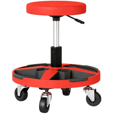 HOMCOM Rolling Mechanic Stool, 15.7"-20.5" Garage Stool with Wheels, 300 LBS, 360° Swivel Padded Creeper Shop Seat, Red