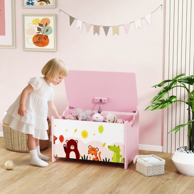 Qaba Kids Storage Chest with Lid, Toy Box Organizer with Safety Hinges for Playroom, Bedroom, Living Room, Pink