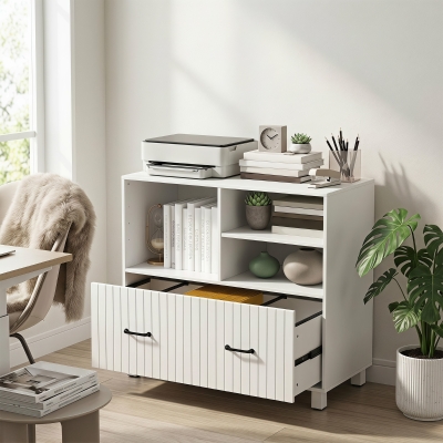 HOMCOM Lateral Office Filing Cabinet, 1-Drawer File Cabinet with Open Storage Shelves, Adjustable Hanging Bars, White