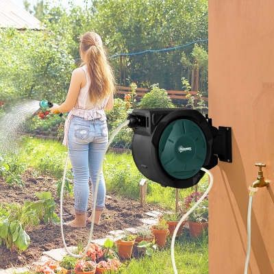 Outsunny 1/2 in x 100ft Wall Mounted Garden Hose Reel, Retractable Water Hose Reel with Auto Rewind, Any Length Lock, Black