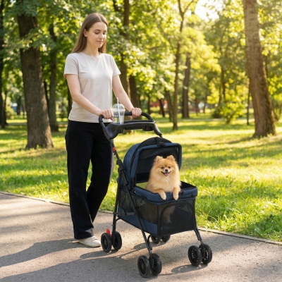PawHut Foldable Pet Stroller for Small Dogs and Cats with 4 Wheels, Mesh Windows, Brake, Removable Pad, Storage Tray, Dark Blue