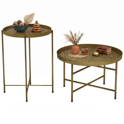 HOMCOM Round Coffee Table Set, Hammered Tray Top, Metal, Gold