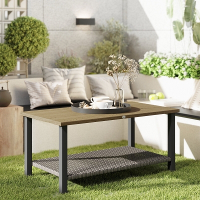 Outsunny 2-Tier Rectangle Outdoor Coffee Table, Patio Table with Wood-Effect Metal Top, Wicker Shelf for Garden, Backyard, Brown