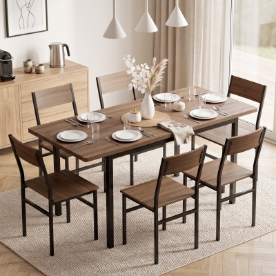 HOMCOM 7-Piece Industrial Dining Table Set for 4-6 Kitchen Table and Armless Chairs, Brown Wood Grain