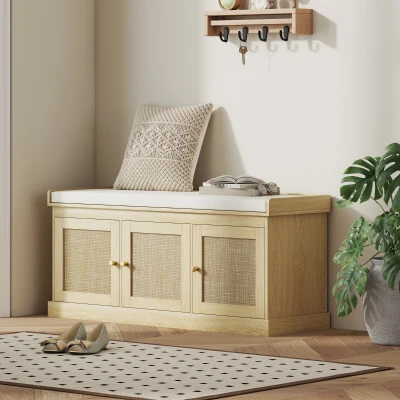 HOMCOM Shoe Storage Bench with Rattan Doors & Cushion, Oak Tone