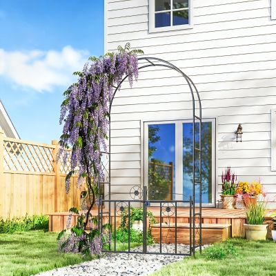Outsunny 7.4 ft Garden Arch, Outdoor Trellis Arbor with Gate for Climbing Plants, Wedding Arch, Black