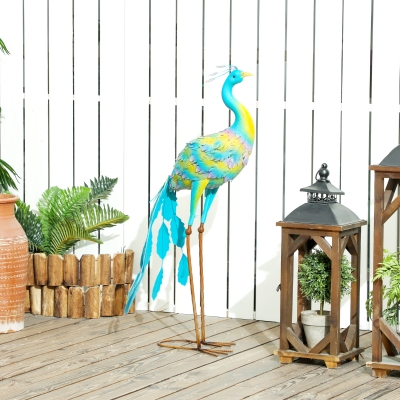 Outsunny Peacock Garden Statue, 32.7" Standing Lawn Ornament, Steel Garden Decor Bird Statue with Stakes for Lawn Patio Backyard Decoration, Sky Blue