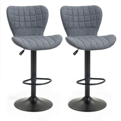 HOMCOM Bar Stools Set of 2, Adjustable Height Swivel Bar Chairs, Linen-feel Fabric Upholstered Kitchen Counter Stools with Wide Seat, Back and Footrest, Grey