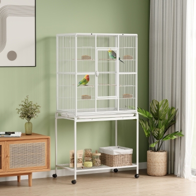 PawHut 64" Large Rolling Bird Cage Bird House with Detachable Rolling Stand, Storage Shelf, Wood Perch Food Container, White