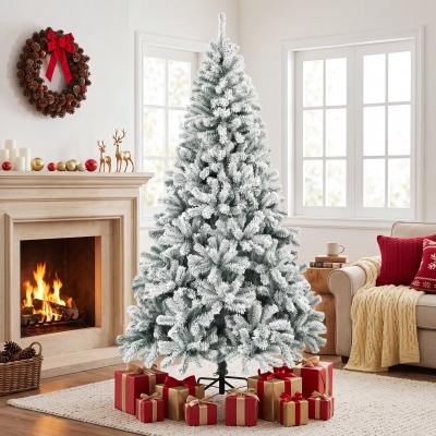 HOMCOM 7ft Snow Flocked Christmas Tree with 1000 Branch Tips, Hinged Design, Artificial Fir Xmas Tree, Green and White