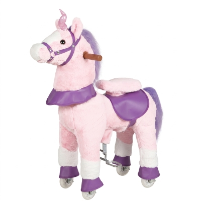 Qaba Plush Ride On Horse 29.5" for Kids, Rotatable Head, Pink