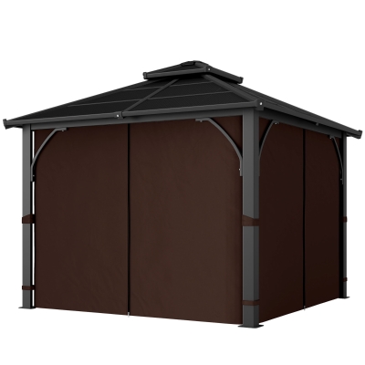 Outsunny 10' x 10' Hardtop Gazebo with 7mm Polycarbonate Double-Tier Roof, Outdoor Gazebo with Netting and Curtains, Coffee