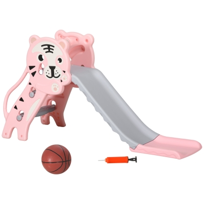 Qaba 3 in 1 Slide for Toddlers, Kids Slide Playset with Basketball Hoop, Climber, for 18-36 Months, Pink