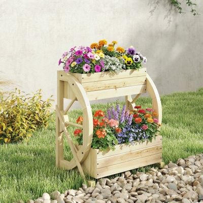 Outsunny Wooden Wagon Planter Box, 2-Tier Raised Garden Bed, for Vegetables Flowers Herbs, Natural