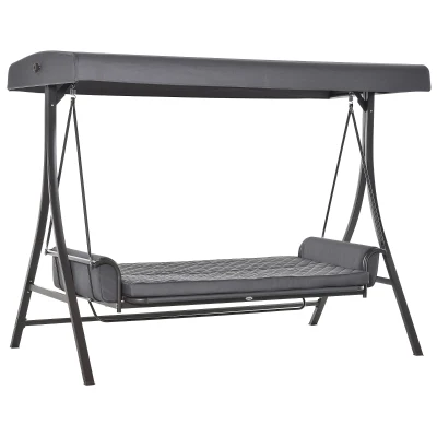 Outsunny 3 Person Porch Swing Bench with Adjustable Canopy, Cushions, Pillows for Porch and Backyard, Dark Grey